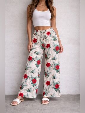 Guess Pink Red Flower Flowy Ankle Pants